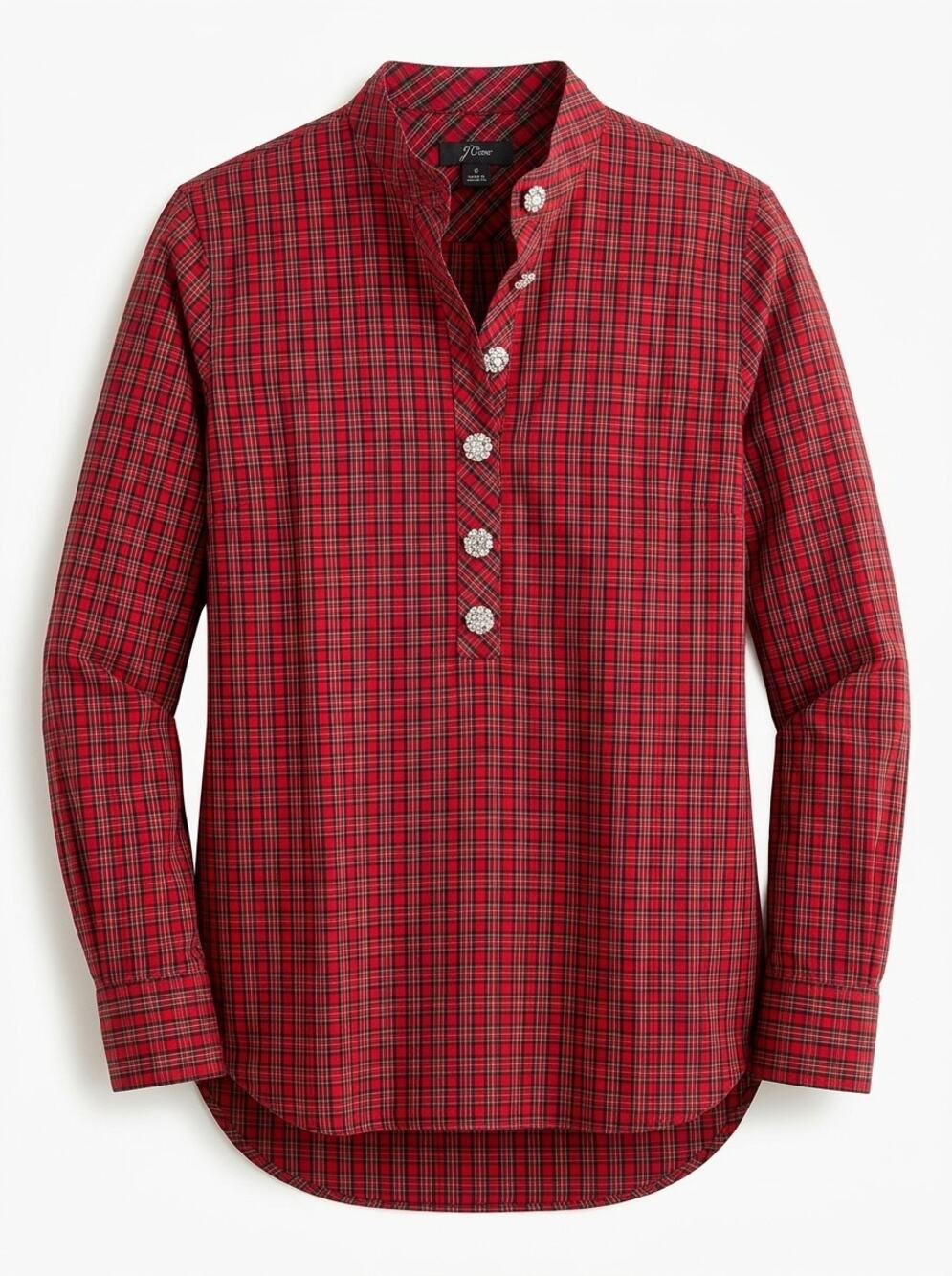 J.Crew Red Black Plaid Band Collar Henley Blouse Shirt Women Size 6